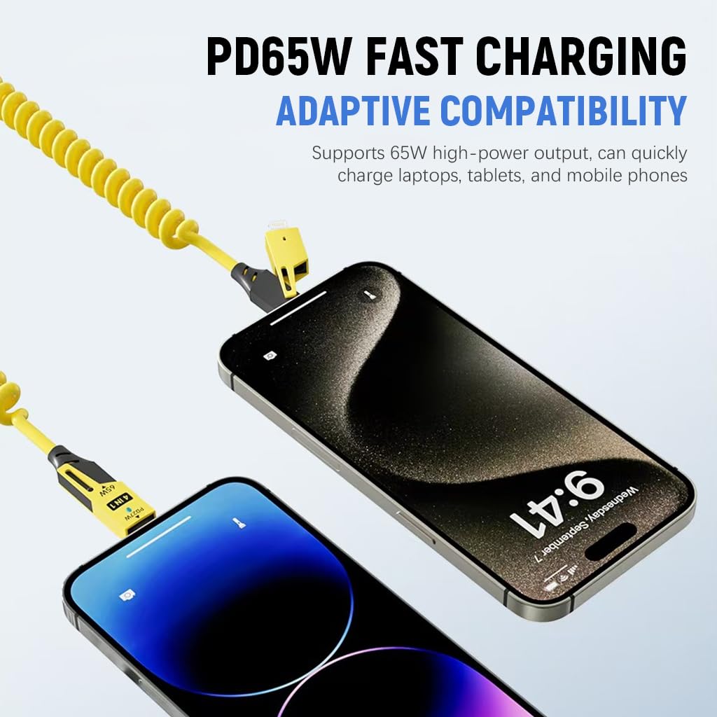 The 4 in 1 Fast Charging & Data Cable with adaptive compatibility is shown charging two iPhones. The coiled yellow cable connects to yellow USB-C adapters.