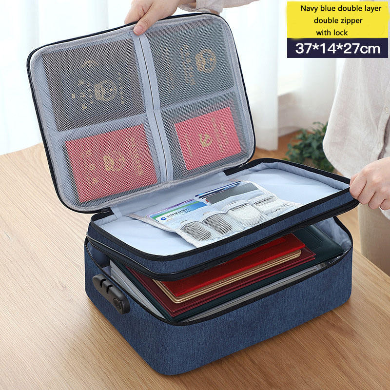 A person opens a Waterproof Portable Document Storage Bag Travel Organizer in navy blue with mesh pockets for passports, card slots, and document compartments. A yellow box lists 37*14*27cm size, double zipper with lock, and waterproof features.