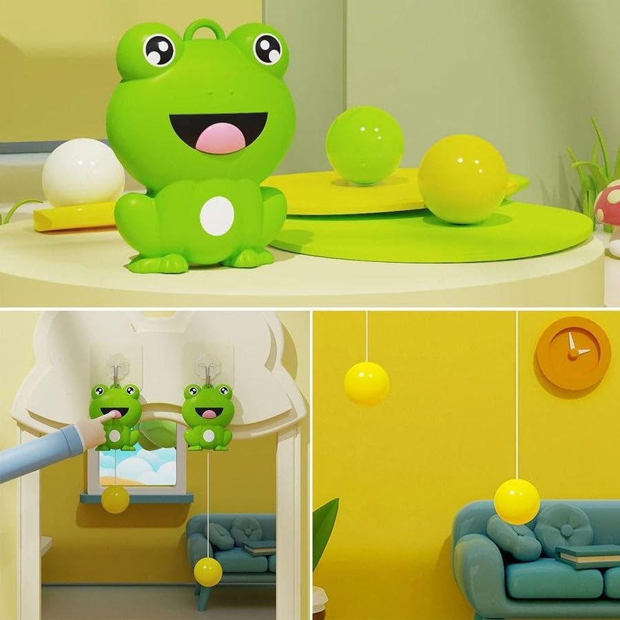 The Portable Indoor Hanging Table Tennis with Balls is shown on a table; lower images display it hanging by a string in a colorful kids’ room with blue furniture and yellow walls.