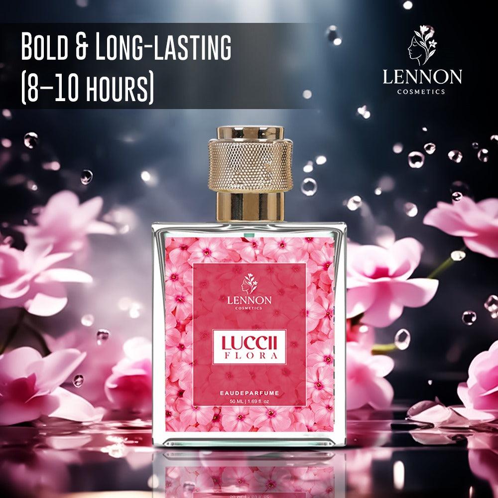 A bottle of Lucci Blossom For Women Perfume by Lennon Cosmetics, featuring a pink floral design, is shown with a blurred pink flower background. Text: Bold & Long-Lasting fragrance (8–10 hours) with the Lennon Cosmetics logo visible.