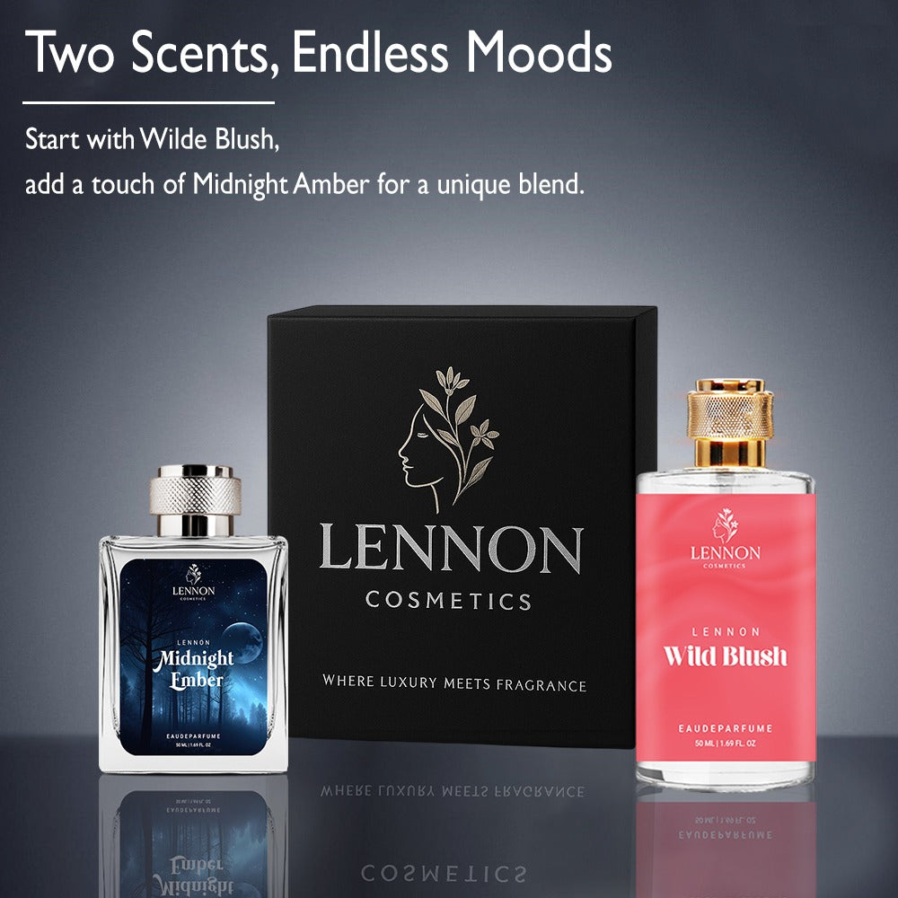 The Wild Blush and Midnight Ember Premium Perfume Gift Set combo features two signature scents—one in cosmic, one in pink—displayed beside a black LENNON Cosmetics box on a gray background.