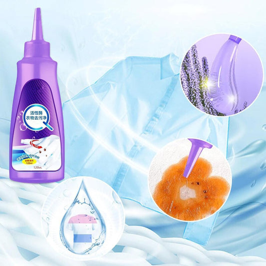 A bottle of Multi-Purpose Clothes Stain Remover in purple, shown removing a brown stain from fabric, with lavender and a clean blue shirt in the background, highlighting its cleaning power and fresh fragrance.