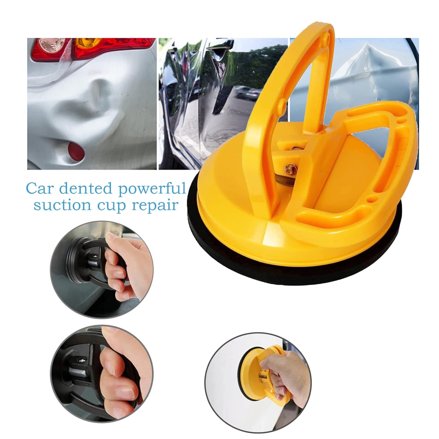 The Car Dent Puller - Suction Cup Dent Puller, Car Dent Repair Kit is shown in use repairing dents, with visuals of the puller’s powerful suction action. Text highlights it as an essential tool for every driver.