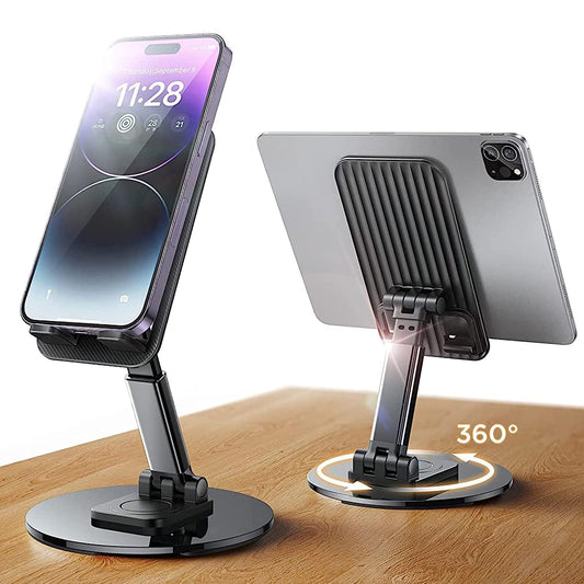 Two Waterproof Mobile Phone Holders sit on a wooden surface, each supporting a device. The right holder rotates 360°, while the left displays a phone showing 11:28. Both stands offer waterproof protection for your devices.
